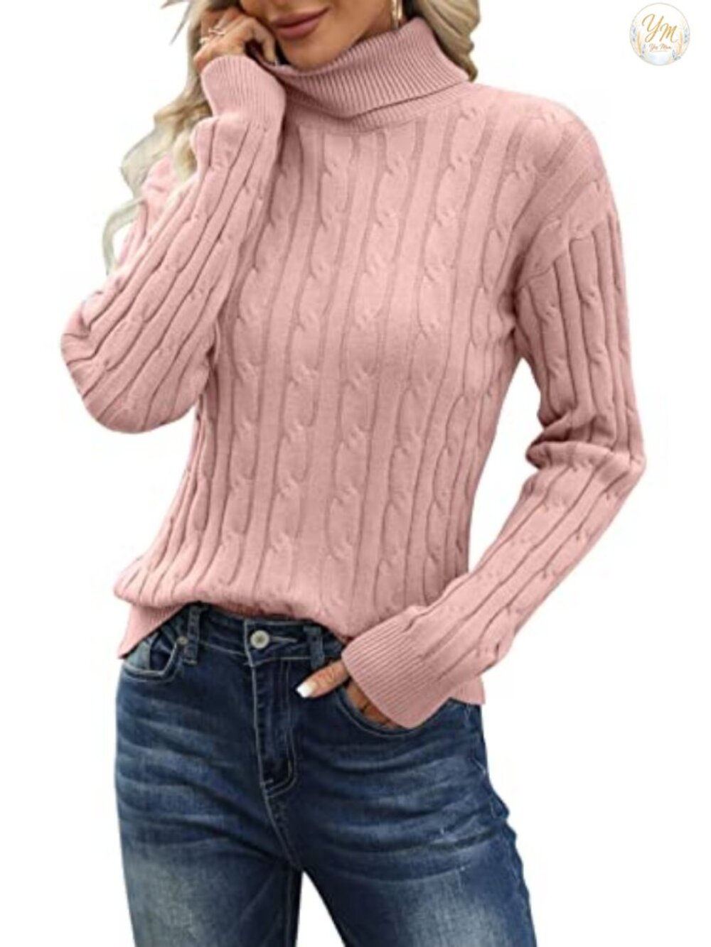 Cable Knit Turtleneck Sweater Long Sleeve Cozy Pullover Viscose Blend